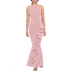 AQUA Formal Cascade Ruffle Mermaid Gown US 2 Rose Bridesmaid Prom Stretch